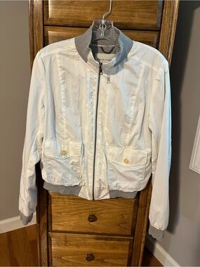 Banana Republic White Bomber Jacket with Gray Ribbed Trim